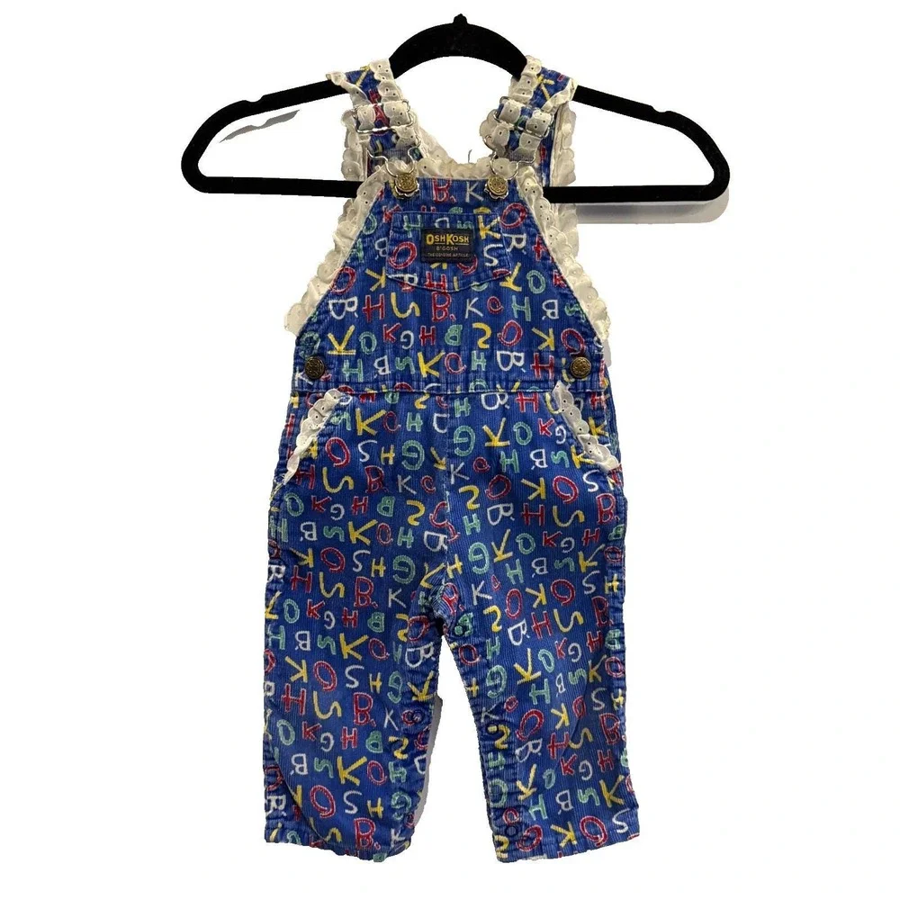 Vtg OshKosh B'gosh Blue Corduroy Alphabet Print Overalls Eyelet Lace 18 Mo USA‎
